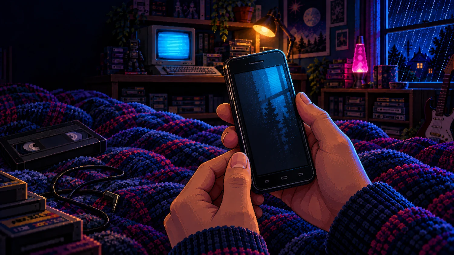 Pixel-Art-Hände halten ein Smartphone hochkant in einem dunklen Retro-Jugendzimmer mit leuchtendem CRT, Kassetten und Regenfenster.