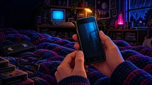 Pixel art of hands holding an upright smartphone in a dark retro bedroom with a glowing CRT, cassettes and a rainy window.