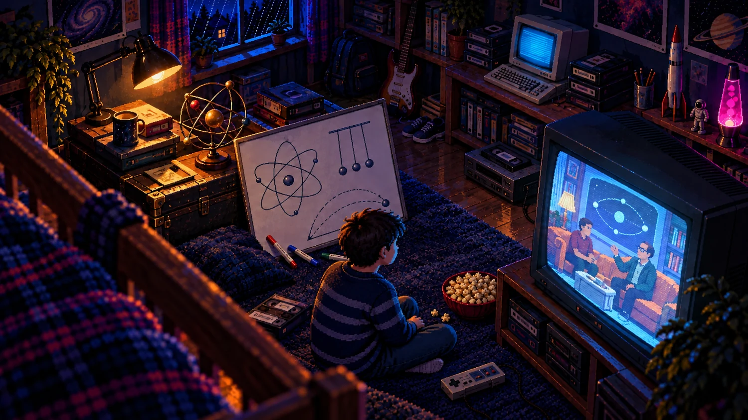 The Big Bang Theory a 19 ans : la science en coulisses Garçon en pixel art regardant une comédie sur des physiciens sur un téléviseur cathodique, près d’un tableau et d’un modèle atomique dans une chambre rétro.