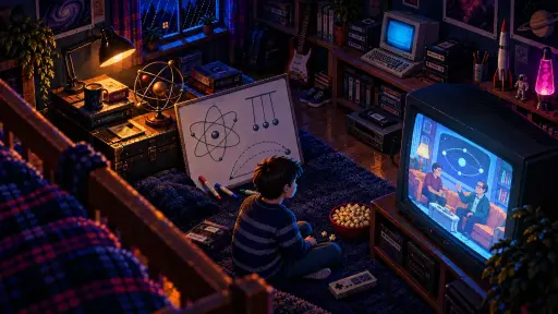 The Big Bang Theory at 19: The Science Behind the Laughs Pixel art of a boy watching a physics sitcom on a CRT in a retro bedroom, beside a whiteboard and an atom model.