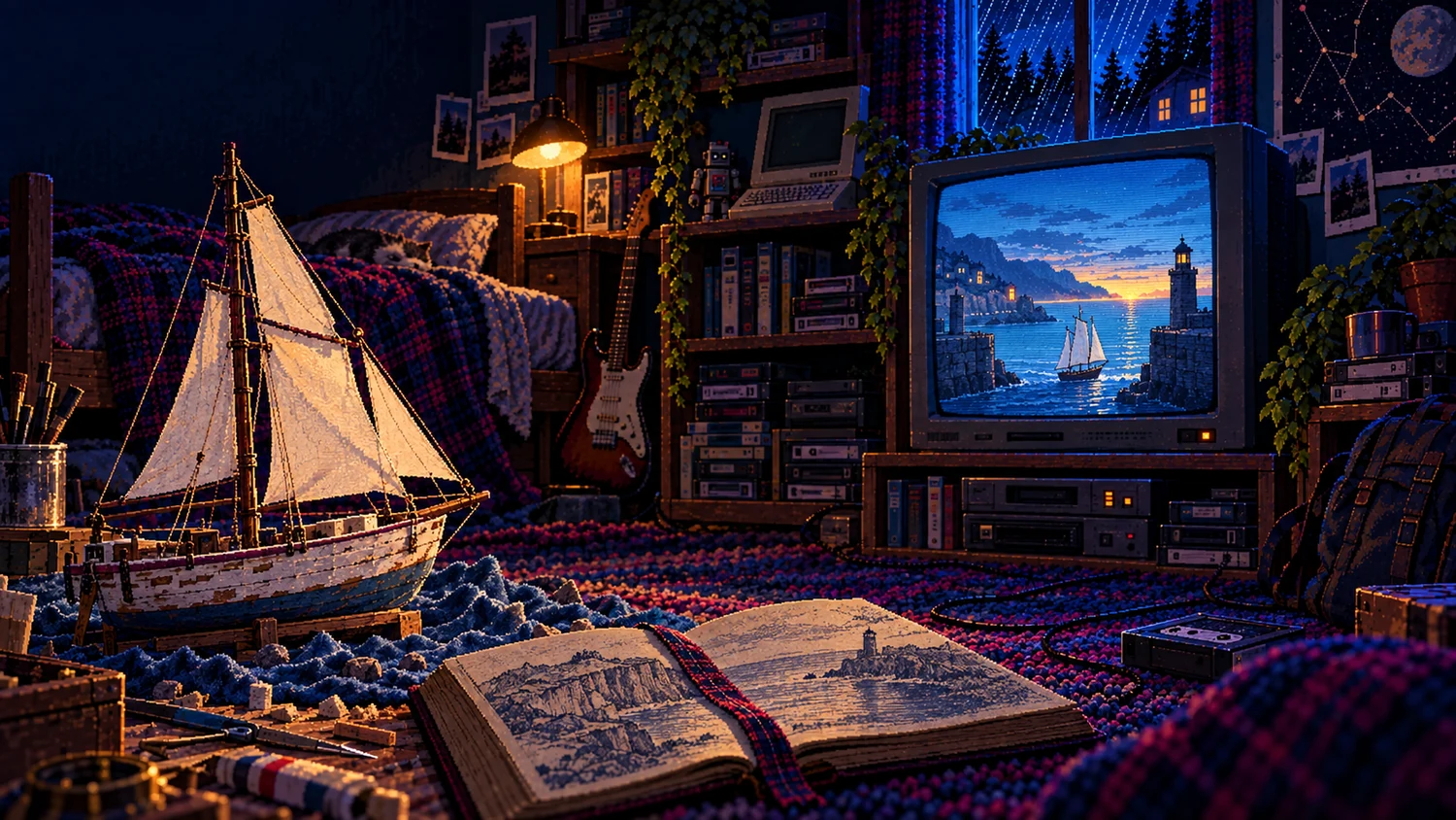 Pixel-Art eines weißen Modellsegelschiffs und eines offenen Buchs im Retro-Jugendzimmer; auf dem Röhrenfernseher verlässt ein Schiff einen Hafen.