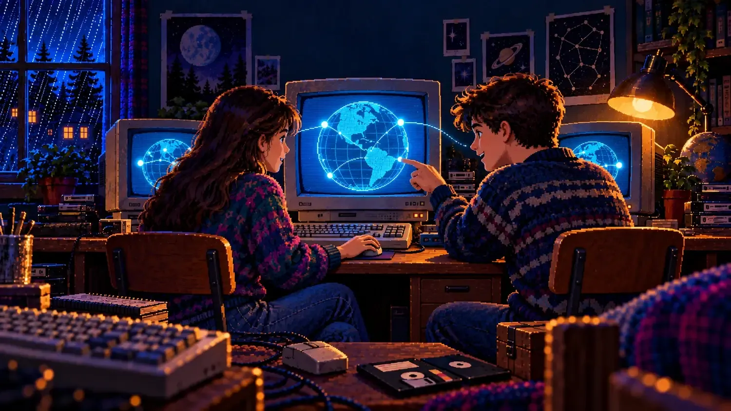 W3C at 32: One Web, Many Screens Pixel art of a boy and a girl sitting at a computer and browsing the web in a 1990s bedroom, with cyan globes on CRT screens.