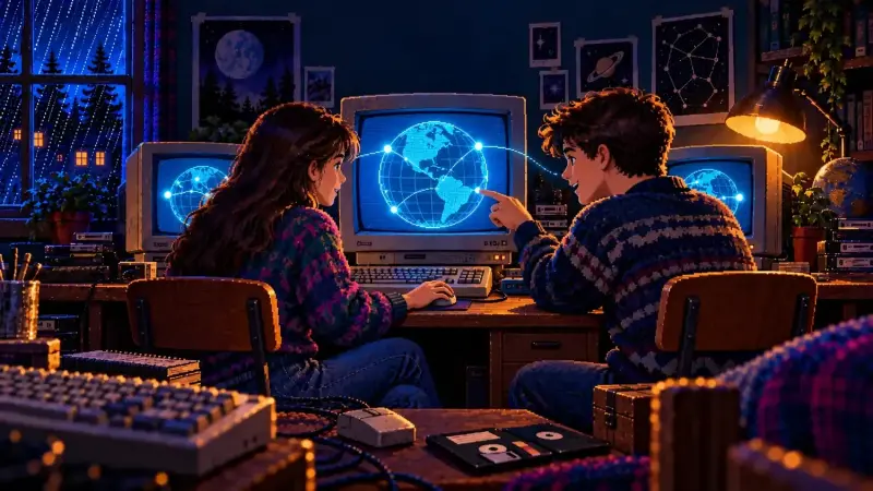 Pixel art of a boy and a girl sitting at a computer and browsing the web in a 1990s bedroom, with cyan globes on CRT screens.