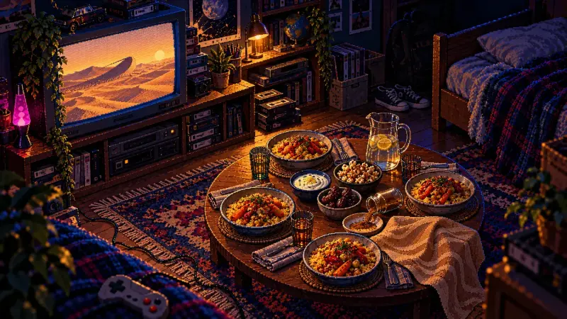 Pixel art of four couscous bowls, dates and popcorn on a round table in a retro bedroom, with desert dunes on a CRT.