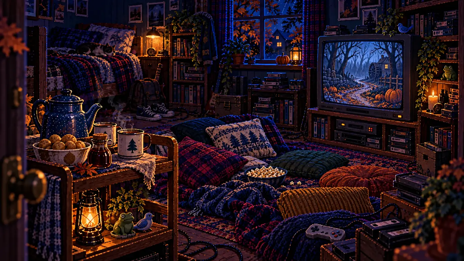 Pixel-Art eines Retro-Jugendzimmers mit Sitzkissen, Teewagen und einem Herbstwald auf dem Röhrenfernseher.