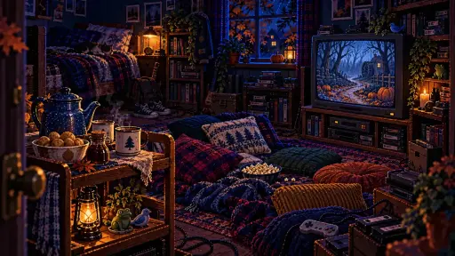 Over the Garden Wall Watch Party: Food and an Evening Plan Pixel art of a retro bedroom with floor cushions, a tea trolley and an autumn woodland on a CRT television.