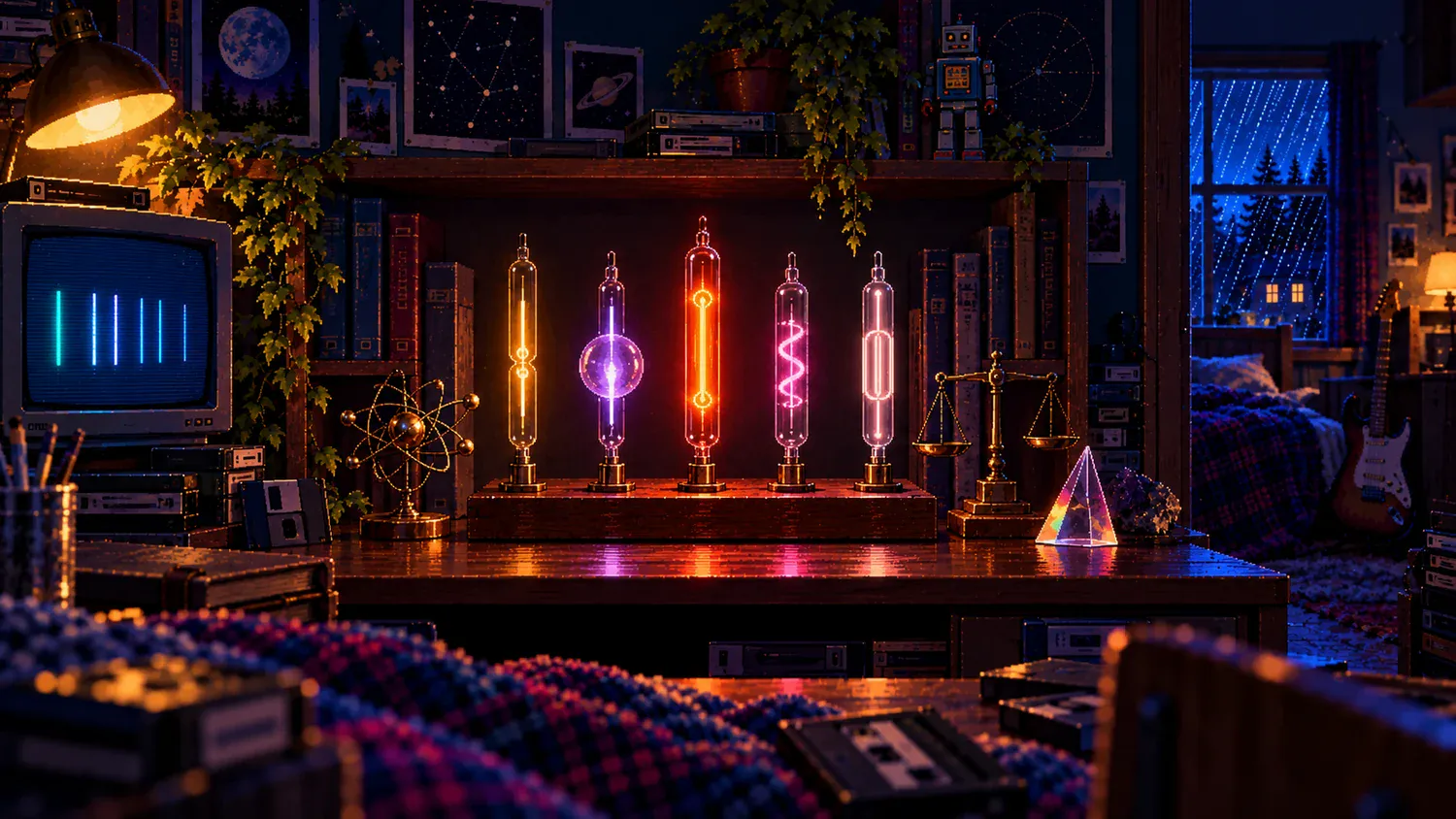 Pixel art of five glowing glass gas tubes on a wooden shelf in a retro bedroom, beside a CRT, a brass balance and a prism.