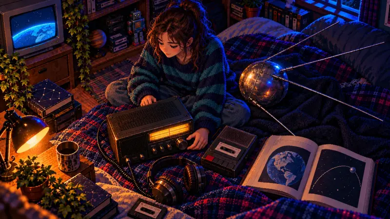 Pixel art of a girl tuning a shortwave radio on a bed beside a silver Sputnik model in a cozy retro bedroom.