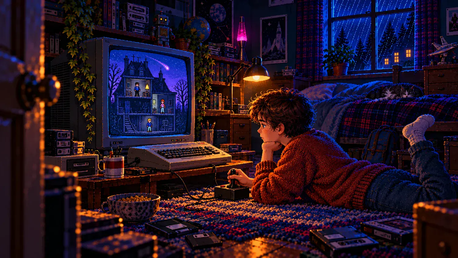 Boy playing a mansion adventure in a retro bedroom Pixel art of a boy lying on a bedroom carpet with a joystick, watching a spooky mansion with three figures on a CRT screen.