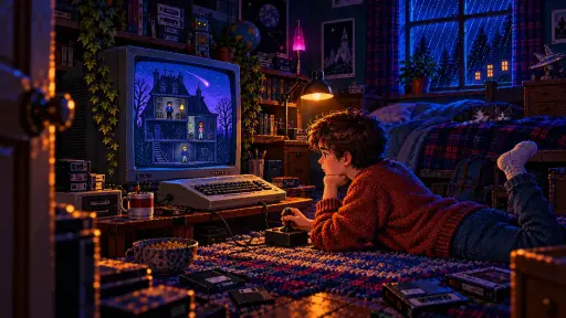 Maniac Mansion at 39: The Puzzle Starts with Your Team Pixel art of a boy lying on a bedroom carpet with a joystick, watching a spooky mansion with three figures on a CRT screen.