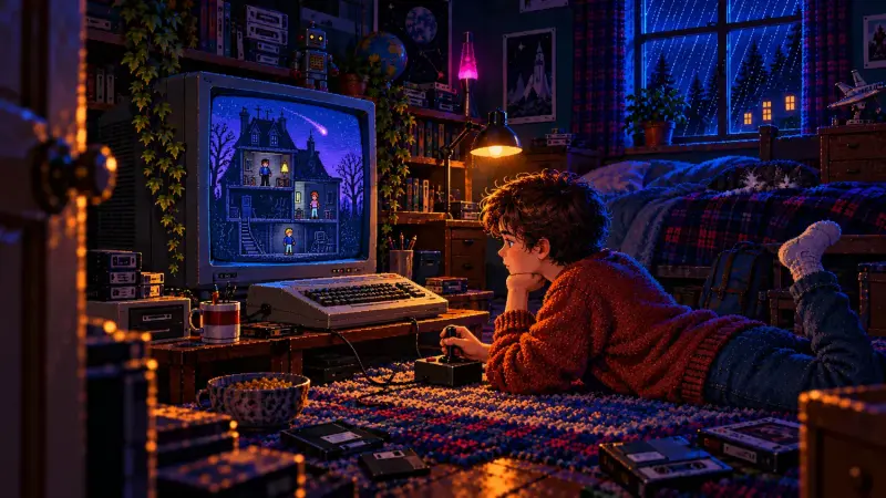 Pixel art of a boy lying on a bedroom carpet with a joystick, watching a spooky mansion with three figures on a CRT screen.