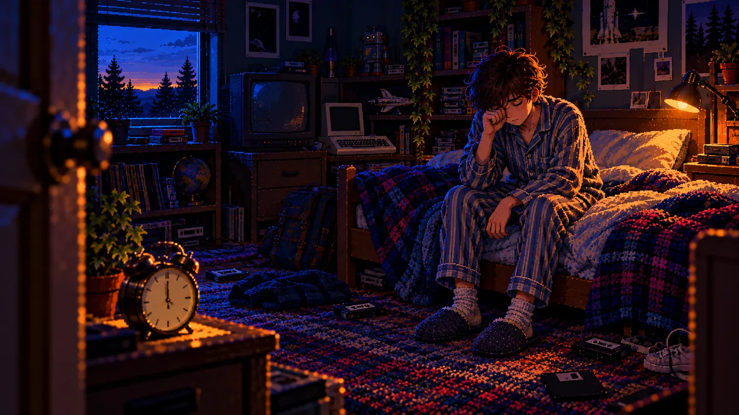 Sleepy teenager in a retro bedroom Pixel art of a sleepy teenager sitting on the edge of a bed in a retro bedroom, with an analog alarm clock in the foreground and blue dawn light at the window.