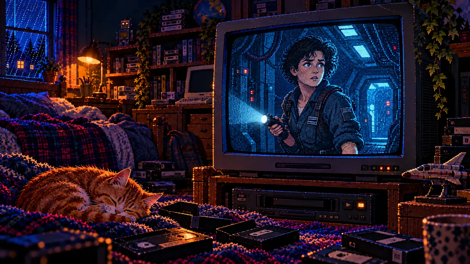 Science-Fiction-Film auf einem Röhrenfernseher im Retro-Zimmer Pixel-Art eines Retro-Jugendzimmers mit schlafender roter Katze, VHS-Kassetten und einem Röhrenfernseher, der eine erfundene Raumschifftechnikerin mit Taschenlampe zeigt.