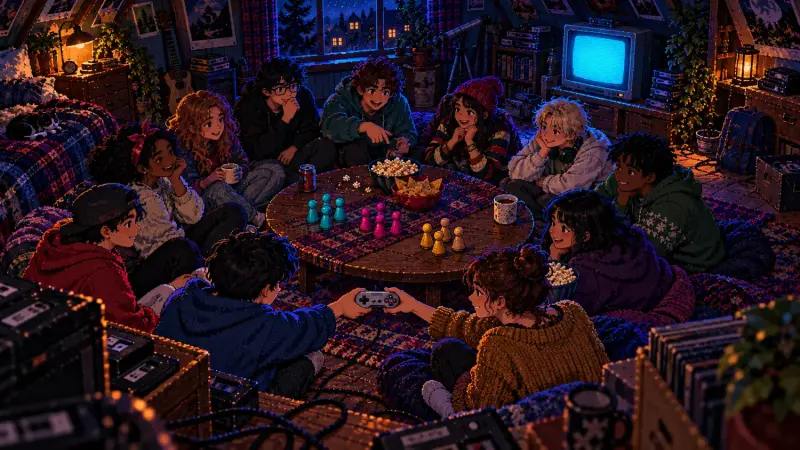 Pixel art of friends passing a controller around a low table with coloured tokens in a retro attic bedroom.