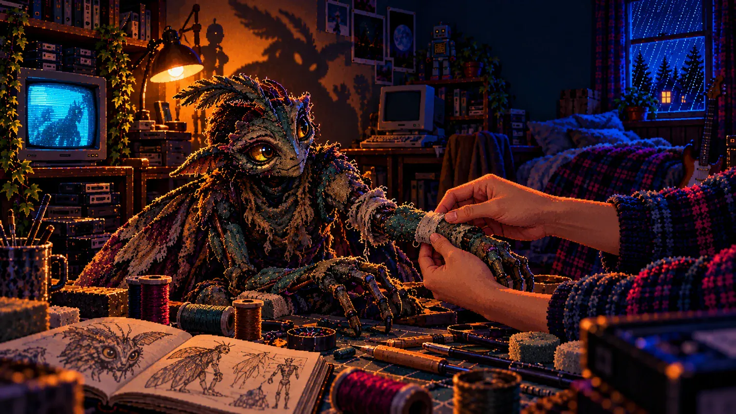 Monster puppet workshop in a retro bedroom Pixel art of hands repairing a handmade monster puppet in a retro bedroom with a glowing CRT, sketchbook and warm lamp.