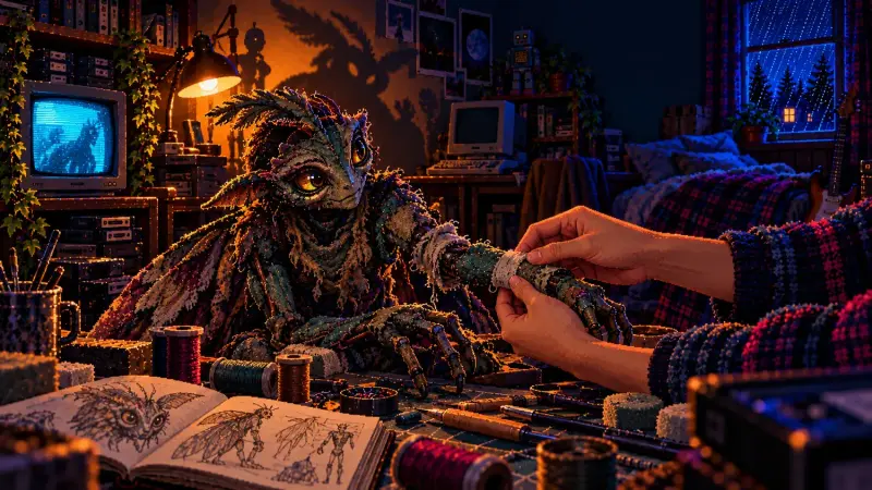 Guillermo del Toro at 62: Finding a Person in the Monster Pixel art of hands repairing a handmade monster puppet in a retro bedroom with a glowing CRT, sketchbook and warm lamp.