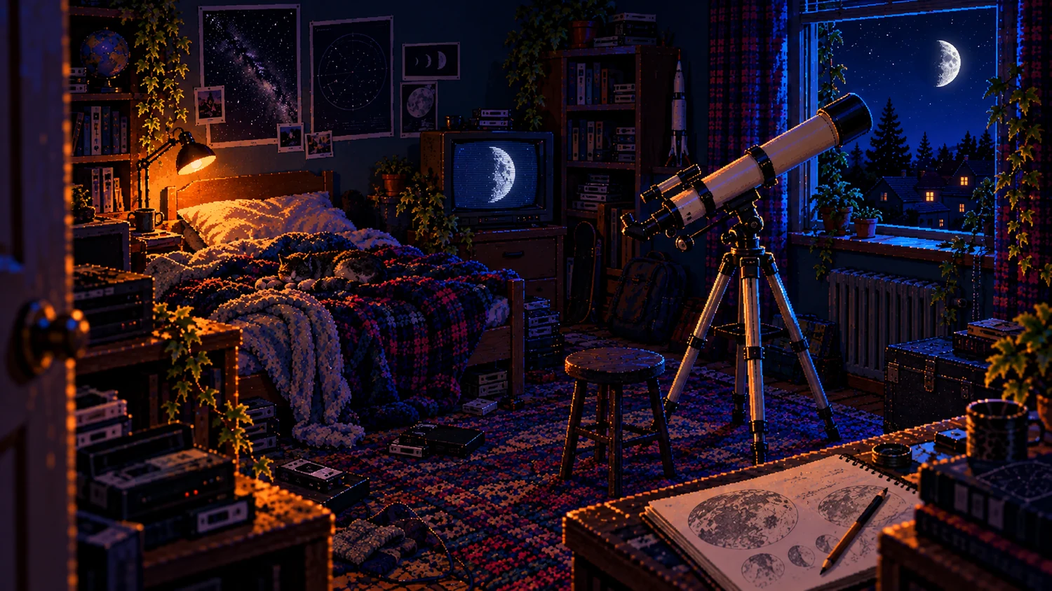 Pixel art of a telescope beside an open bedroom window, with a half-lit Moon, a glowing CRT, books and an amber bedside lamp.