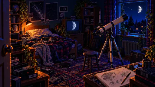 Astronomy Day 2026: The Date Moves, the Curiosity Stays Pixel art of a telescope beside an open bedroom window, with a half-lit Moon, a glowing CRT, books and an amber bedside lamp.