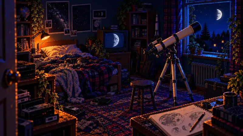 Pixel art of a telescope beside an open bedroom window, with a half-lit Moon, a glowing CRT, books and an amber bedside lamp.