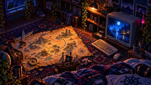 Monkey Island at 36: Room to Get Stuck Pixel art of a pirate map with three colored routes on a retro bedroom rug, beside a model sailing ship and a CRT showing a moonlit cove.