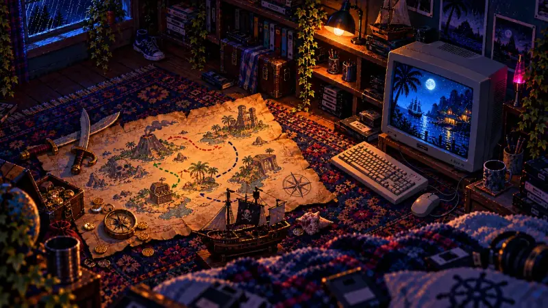 Pixel art of a pirate map with three colored routes on a retro bedroom rug, beside a model sailing ship and a CRT showing a moonlit cove.