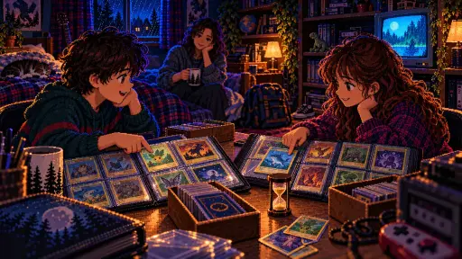 Pixel art of two children comparing monster cards in open binders at a retro bedroom desk, with separate card trays, an hourglass and an adult nearby.