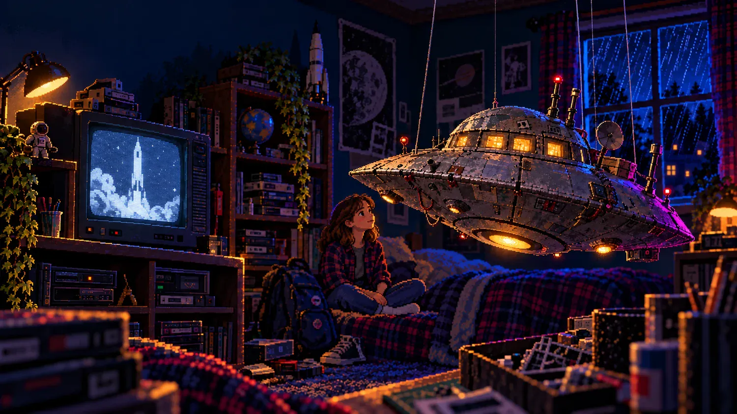 Girl and spacecraft model in a retro bedroom Pixel art of a girl on a bed looking up at a hanging spacecraft model, beside a CRT showing a rocket launch in a retro bedroom.