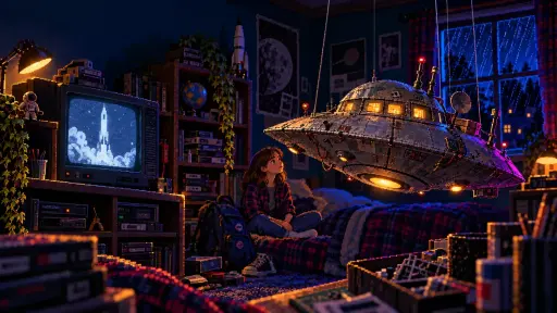 Pixel art of a girl on a bed looking up at a hanging spacecraft model, beside a CRT showing a rocket launch in a retro bedroom.