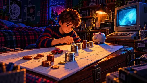 Pixel art of a boy arranging coins on squared paper beside a piggy bank and a glowing CRT computer in a retro bedroom.