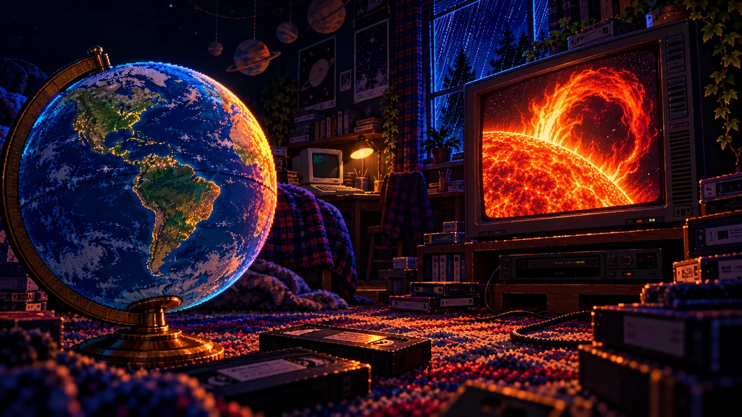 Globe and solar eruption on a bedroom CRT Pixel art of a blue globe beside a CRT showing a solar eruption in a dark retro bedroom with VHS tapes and an amber lamp.