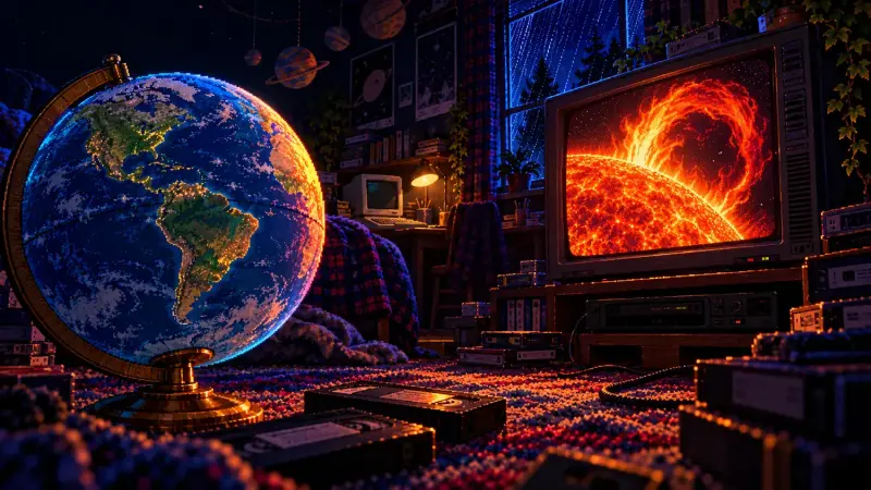 Pixel art of a blue globe beside a CRT showing a solar eruption in a dark retro bedroom with VHS tapes and an amber lamp.