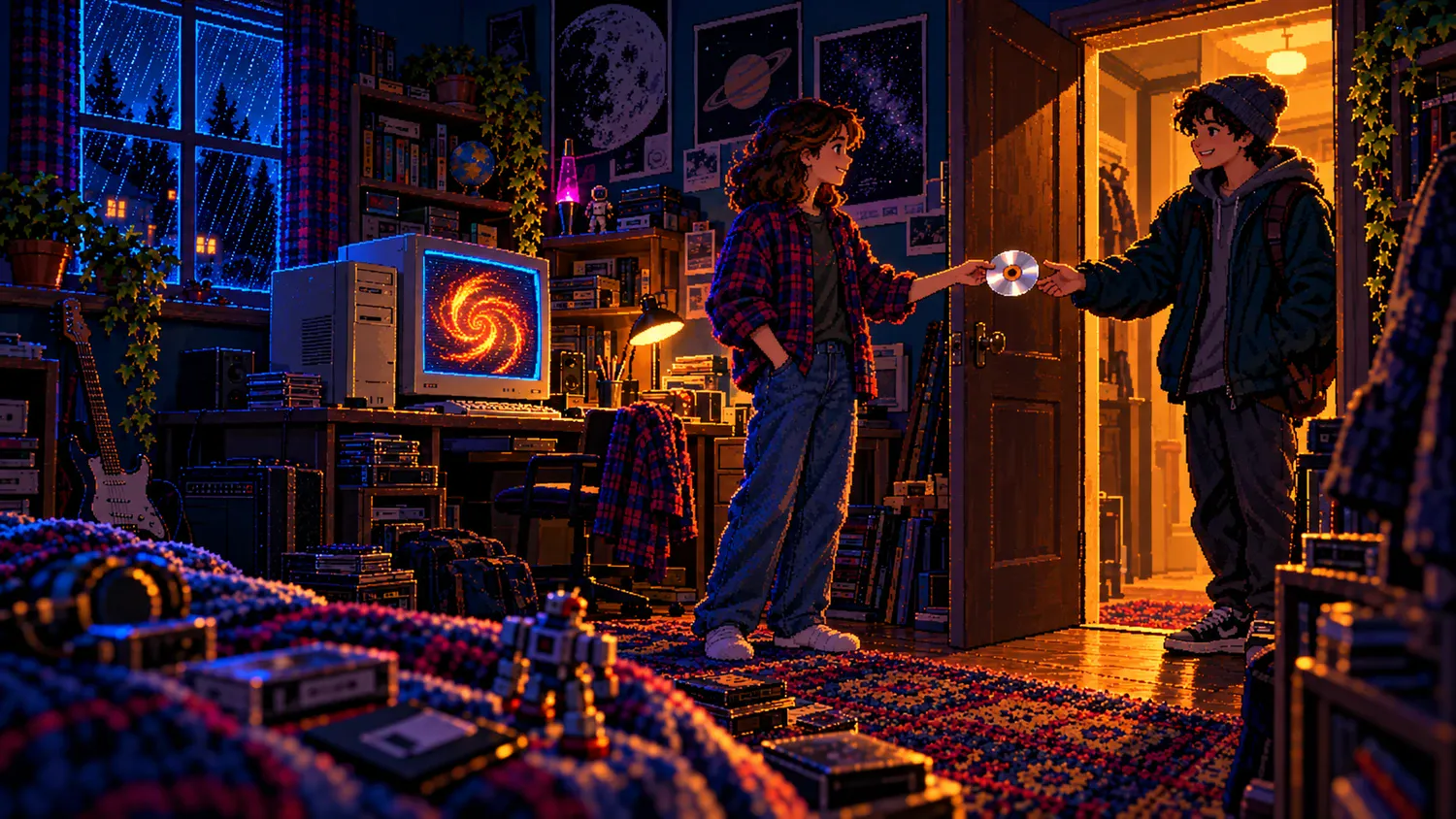 Sharing a software CD in a retro bedroom Pixel art of two teenagers passing a CD at a bedroom door, beside a CRT computer, tapes and warm lamps.