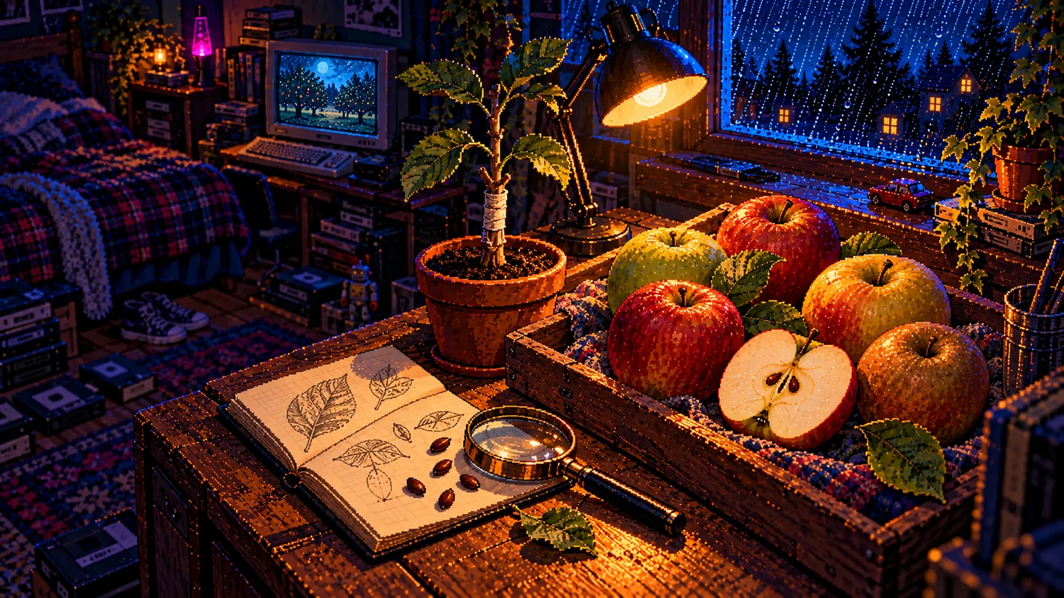 Pixel art of apples, loose pips and a grafted sapling beside a lamp in a dark retro bedroom.