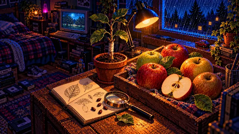 Apple Day 2026: Keeping an Apple Variety Alive Pixel art of apples, loose pips and a grafted sapling beside a lamp in a dark retro bedroom.