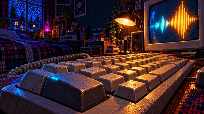 Pixel art of a worn computer keyboard with a cyan-lit key and a CRT showing sound waves in a dark retro bedroom.