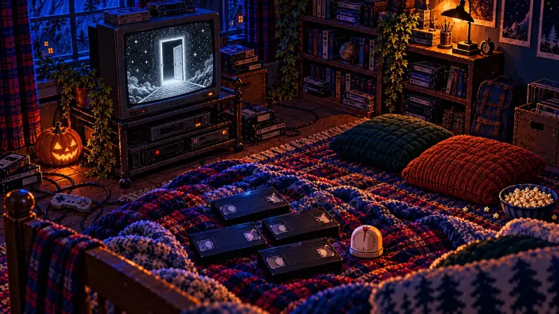 Pixel art of four blank VHS tapes and a mechanical timer in a dark retro bedroom, with an eerie doorway on a CRT television.