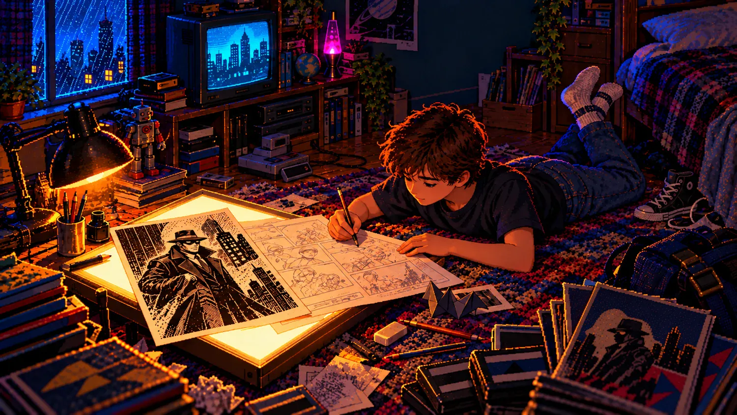 Pixel art of a boy lying on a rug, drawing comic pages beside a glowing lightbox and a CRT television in a dark retro bedroom.