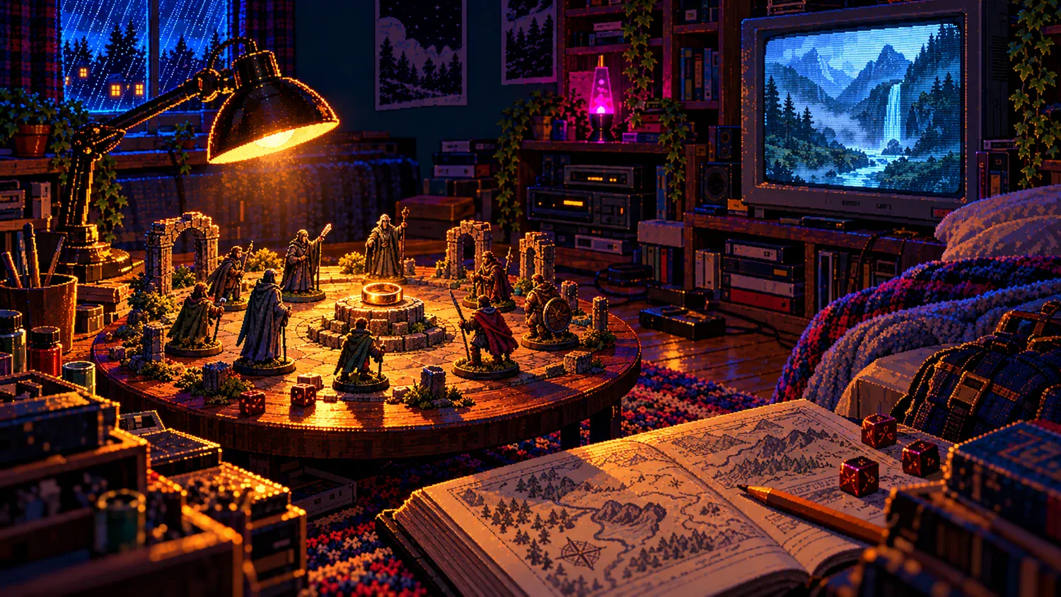 Pixel art of a miniature fantasy council around a golden ring on a bedroom table, with books, tapes and a glowing CRT in the background.