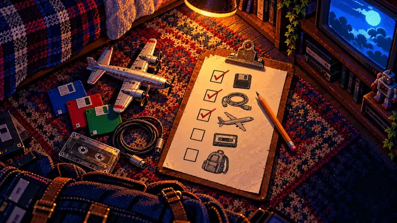 National Checklists Day 2026: Check the State, Not the Box Pixel art of a paper checklist, model airplane, floppy disks and cables on a retro bedroom rug beside a glowing CRT.