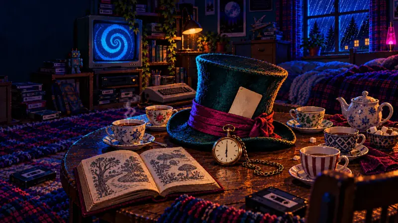 Mad Hatter Day 2026: A Price Tag and a Broken Tea-Time Pixel art of a top hat, teacups, an open book and a pocket watch at six o’clock in a cozy retro bedroom with a glowing CRT.