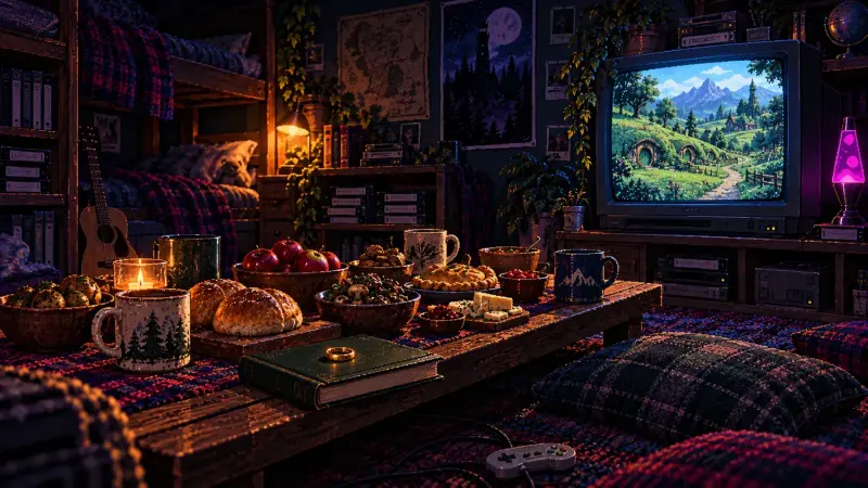 Pixel-art movie-night feast with bread, mushrooms and mugs beside a CRT showing a green hillside village in a cozy retro bedroom.