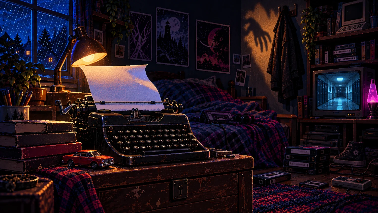 Stephen King at 79: When Familiar Things Turn Against Us Pixel-art typewriter, books and a red toy car in a dark retro bedroom, with a hand-shaped shadow and a school corridor on a CRT television.